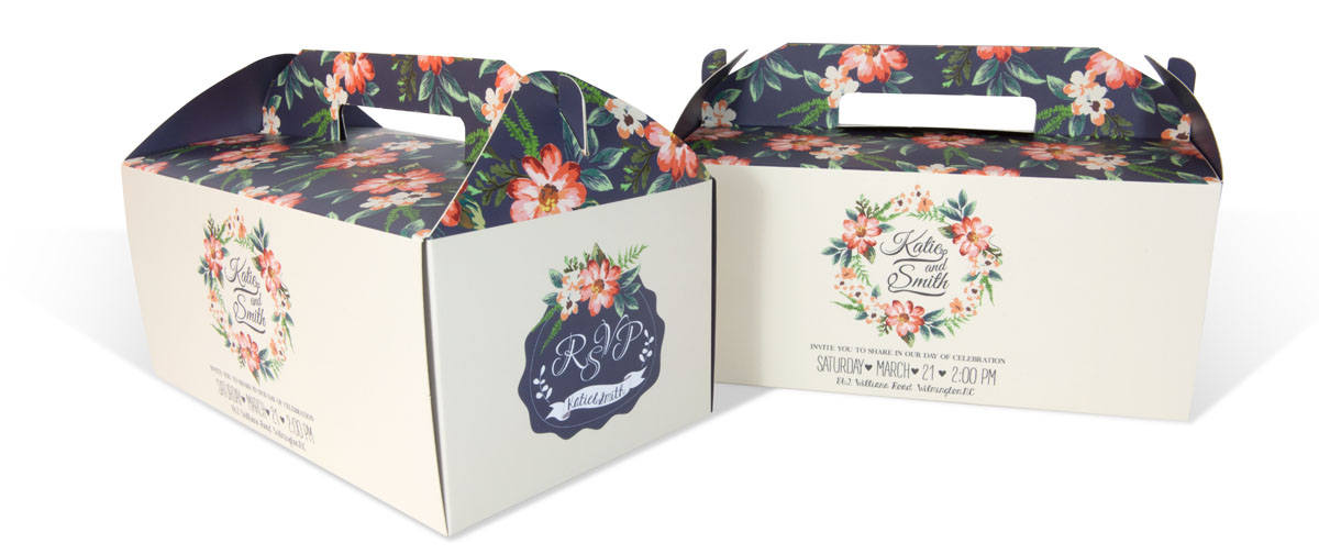 Caja regalo diseñada para una boda con motivs florales - packaging promocional - packaging regalo impreso por Truyol Digital