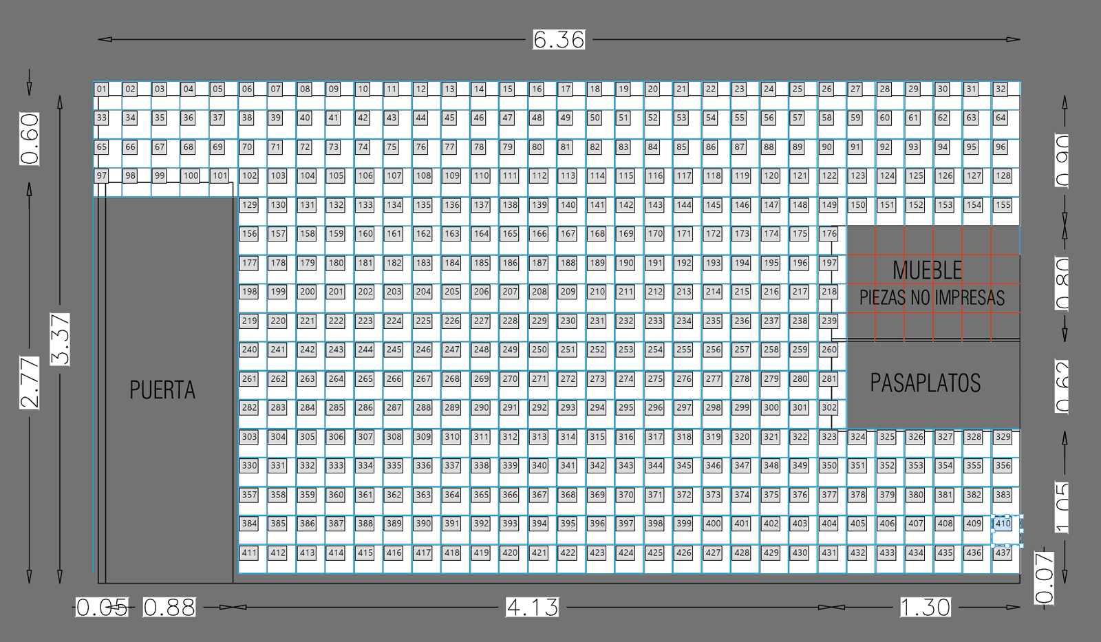 Planificación del mosaico de azulejos para impresión, con la distribución y numeración de cada pieza.
