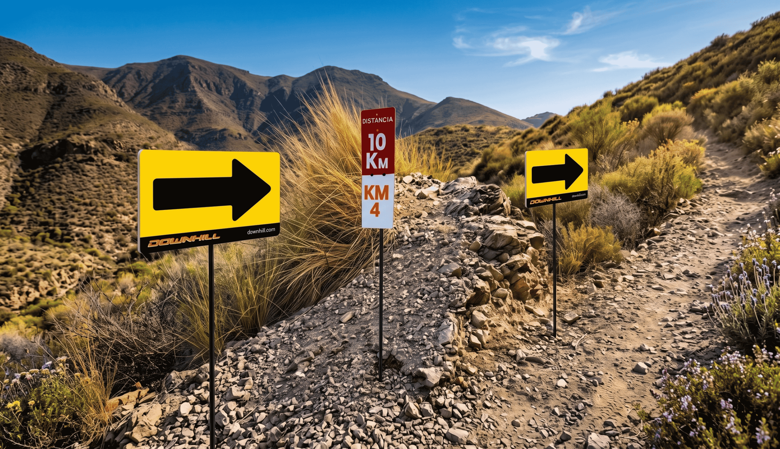 Señalización de dirección y distancia para guiar a los participantes durante el recorrido deportivo.