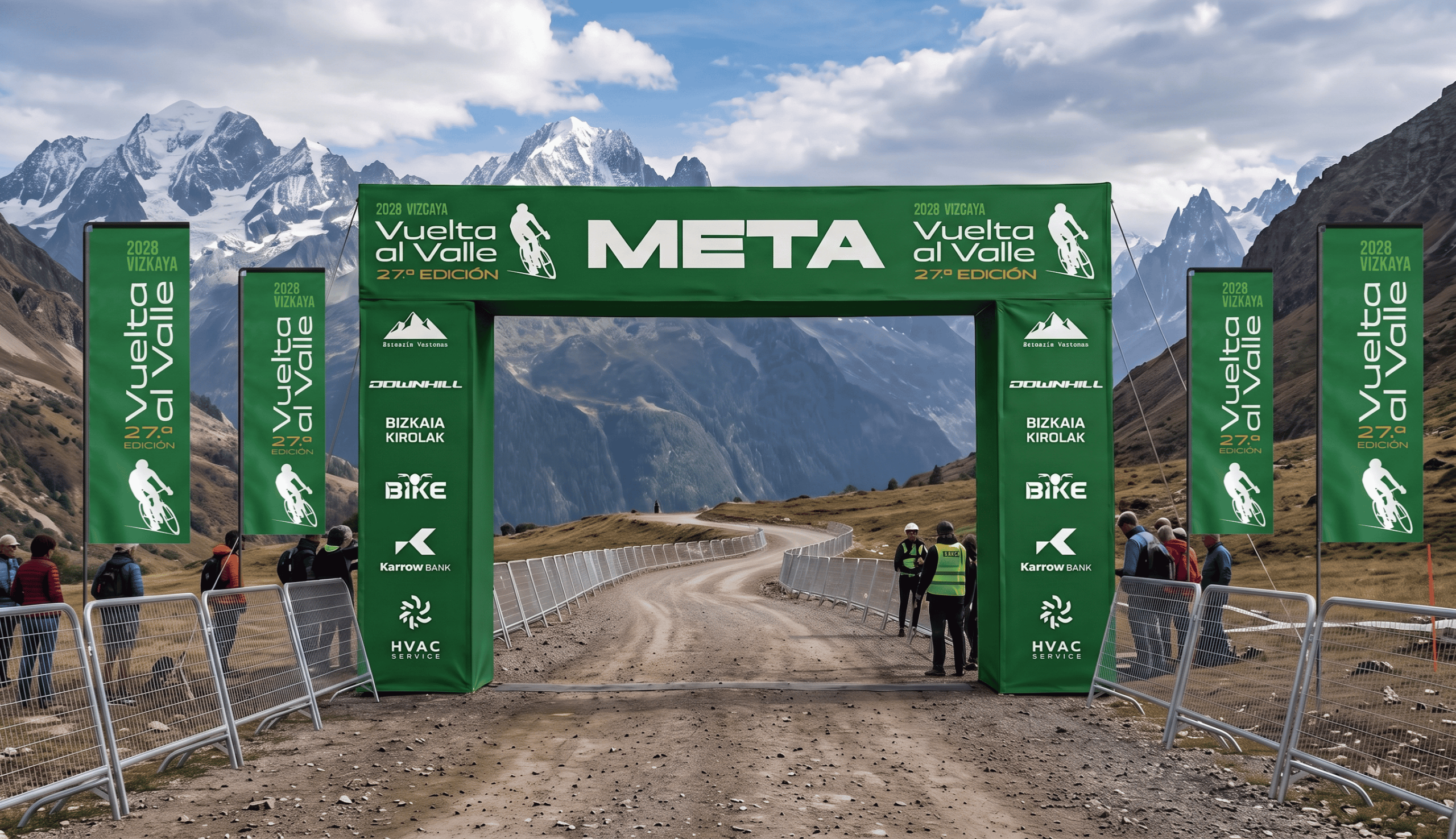 Arco de meta personalizado para identificar la llegada y dar visibilidad a los patrocinadores.
